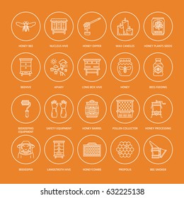 Beekeeping, apiculture line icons. Beekeeper equipment, honey processing, honeybee, beehives types, natural products. Bee-garden thin linear signs for organic farm shop. Orange color.
