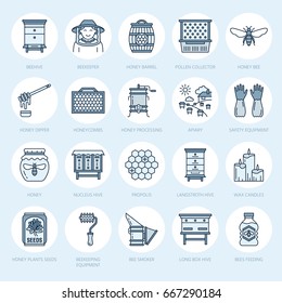 Beekeeping, apiculture line icons. Beekeeper equipment, honey processing, honeybee, beehives types, natural products. Bee-garden thin linear signs for organic farm shop.