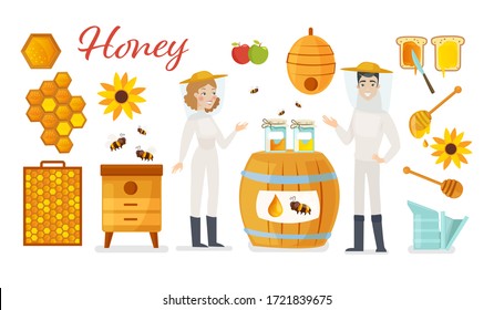 Beekeeping apiculture vector illustration icons set. Cartoon flat man woman beekeeper apiarist characters, honeycomb or honey jar at beehive with bees, organic flowers, apiary farm isolated on white