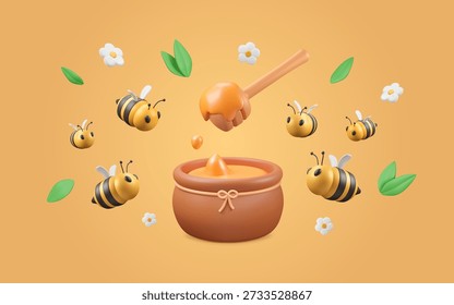 Beekeeping banner with 3d cartoon elements. Pot with honey, bees flying with flowers, leaves. Summer meadow objects. Farm organic product, apiculture pattern, natural food. Vector illustration.