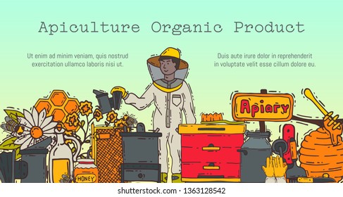 Beekeeping banner, apiary and beekeeper in protective suit vector illustration. Man with equipment. Honeycomb, honey from beehive, jar with organic honey. Apiculture organic product.