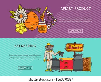 Beekeeping banner, apiary and beekeeper in protective suit vector illustration. Man with equipment. Honeycomb, honey from beehive, jar with organic honey. Apiculture organic product.