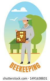 Beekeeping Banner. Man in Protective Uniform Holding Frame with Bee Honeycombs. Beekeeper Character Presenting Natural Honey Production, Ecological Food, Summer Season Cartoon Flat Vector Illustration