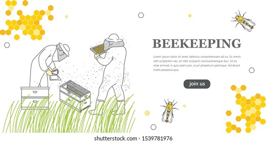 Beekeeping banner with modern line art illustrations. Creative banner, poster, flyer or landing page for a bees.