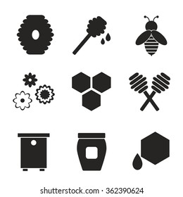 Beekeeping black silhouette isolated icons on white background. Apiary icons set. Honey bee, jar, spoon. Flat style vector illustration. 