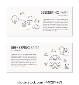 Beekeeping card design template with thin line style illustration of bee farm, honey plant and honey bee