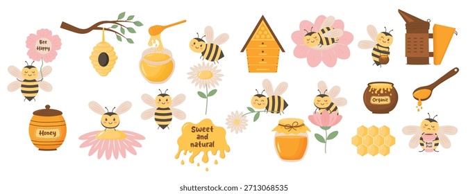 Bienenzucht-Zeichentrickserie. Sammlung von niedlichen Bienen, Bienenstock, Honig, Kamillen, Waben und andere Elemente.