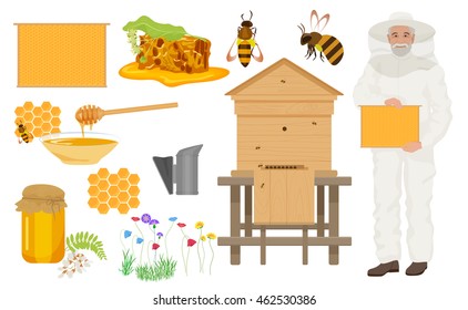 Beekeeping color icons set. Man beekeer in special uniform costume. Bee house and honey, flowers with bee, honeycomb