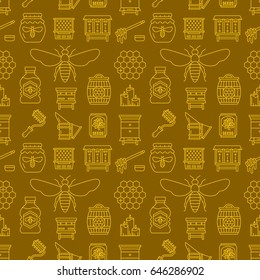 Beekeeping colored seamless pattern, apiculture vector illustration. Apiary thin line icons - bee, beehives, barrel. Cute repeated texture for honey processing business. Yellow, dark color.