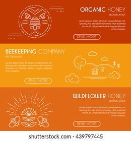 Beekeeping company or organic honey banner template with thin lile style illustration of honey bees, beehive and meadow. Place for your text.