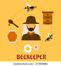 Beekeeping concept with beekeper in hat and apiculture symbols around him including honey jar, flying bees, flowers, wooden beehive and dipper with drop of liquid honey