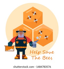 Beekeeping concept with beekeper in hat and honey combs cartoon vector illustration. Honey, flying bees, and dipper with honey. Help save the bees.