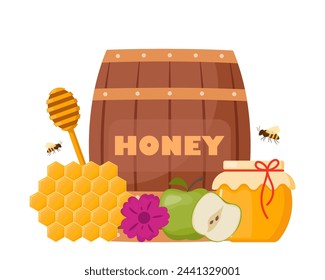 Beekeeping cute composition. Honey, bee, honeycombs, honey jar, barrel, dipper, flower, apple. Healthy sweet syrup. Beekeeping farm. Honey bee farming business. Vector illustration