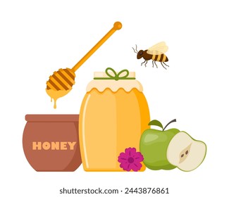 Beekeeping cute composition. Honey, bee, honeycombs, honey jar, dipper, flower, apple. Healthy sweet syrup. Beekeeping farm. Honey bee farming business. Vector illustration