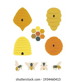 Beekeeping design elements collection. Bee Beehive Honeycomb vector illustration set isolated on white background.