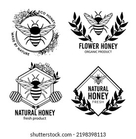 Beekeeping eco product badges and label set of bee honey product, label and badge emblem, food beekeeping vector illustration