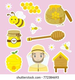 beekeeping element cartoon vector set. honey vector set with, beekeeper, beehive, and honey jar