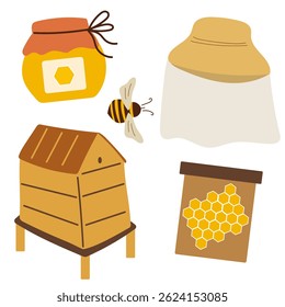 Beekeeping elements set with hat, honey jar and bee.