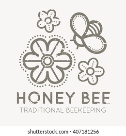 Beekeeping emblem with honey bee flying near wild flowers in flat linear style on a white background. Traditional beekeeping emblem. Grunge texture easy to remove