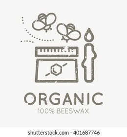 Beekeeping emblem with honey bees and a jar of beeswax in flat linear style on a white background. 100 percent natural organic beeswax. Grunge texture easy to remove