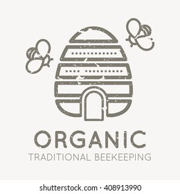 Beekeeping emblem with traditional beehive in flat linear style on a white background. Traditional beekeeping. Grunge texture easy to remove