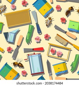 Beekeeping equipment. Beehives in the apiary. Seamless pattern. Honey extractor, smoker, chisels, knives and brushes. Bee honeycomb frame. Gloves, bees and honey flowers. Yellow Background. Vector