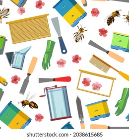 Beekeeping equipment. Beehives in the apiary. Seamless pattern. Honey extractor, smoker, chisels, knives and brushes. Bee honeycomb frame. Gloves, bees and honey flowers. Isolated on white background
