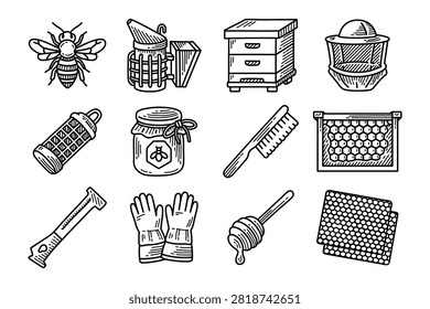 Beekeeping equipment engraved icon set. Honey farming equipment hand drawn element pack. bee, smoker, hive, protective veil, honey jar, honey dipper, comb frame, gloves, hive tool, wax foundation