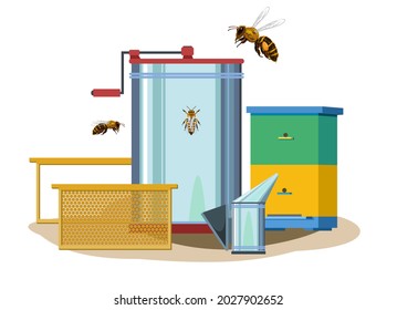 Beekeeping equipment. Frames with wax honeycomb and bees. Honey extractor, smoker and ready made hives. Illustration of label for service of selling tools. Isolated on white background. vector