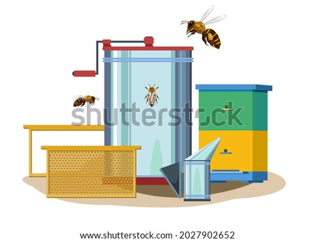 Beekeeping equipment. Frames with wax honeycomb and bees. Honey extractor, smoker and ready made hives. Illustration of label for service of selling tools. Isolated on white background. vector
