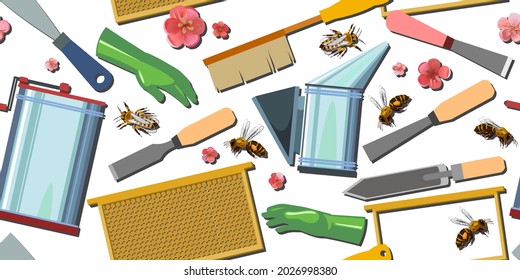 Beekeeping equipment. Horizontal seamless pattern. Honey extractor and smoker. Stamens, knives and brushes. Frame without wax and honeycomb. Gloves, bees and honey flowers. Isolated Background Vector