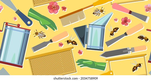 Beekeeping equipment. Horizontal seamless pattern. Honey extractor and smoker. Stamens, knives and brushes. Frame without wax and honeycomb. Gloves, bees and honey flowers. Yellow Background. Vector