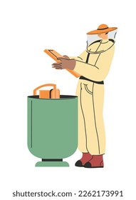 Beekeeping and farming, producing honey organic and local product. Isolated apiarist in protective suit caring for beehive. Production and apiculture for business. Vector in flat style illustration
