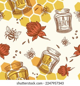 Beekeeping farming and producing organic and natural farm made honey in jars. Flowers in blossom and flying bees with pollen. Background or wallpaper print, seamless pattern. Vector in flat style