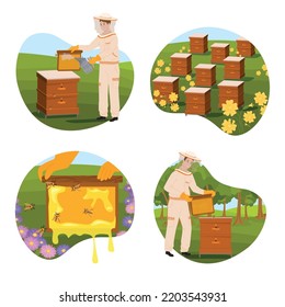 Beekeeping flat 2x2 set of circle shaped compositions with outdoor landscapes with beehives and pollen frame vector illustration