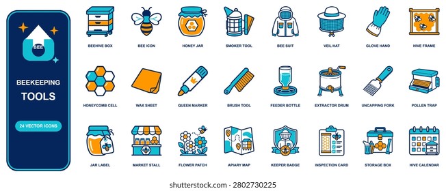 Beekeeping flat icon set. 24 vector line icons: beehive box, bee, honey jar, smoker, bee suit, veil hat, glove hand, hive frame, honeycomb cell. Editable isolated symbols for web, app and infographic