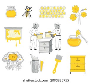 Beekeeping flat recolor set with isolated icons of bee hives cells and honey packed in cans vector illustration