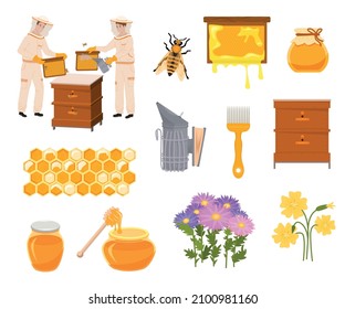 Beekeeping flat set with isolated colorful icons of flowers honey in cans and various beekeepers stuff vector illustration