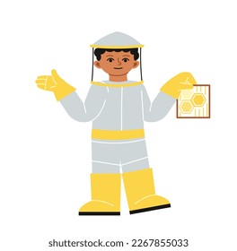 Beekeeping and Get honey. Male apiarist in protective suit holds honeycomb and collects delicious sweet honey. Farming and agriculture. Cartoon flat vector illustration isolated on white background
