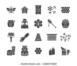 Beekeeping glyph icon set. Collection sign with bee, hive, honey, beekeeper,equipment, apiary. Vector illustration.
