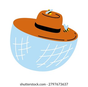 Beekeeping hat with mesh veil and two bees in hand drawn style. Symbol of apiary safety, protection, husbandry, and pollination gear. Cartoon vector illustration.