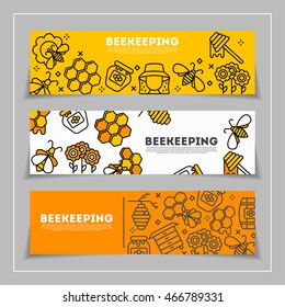 Beekeeping and honey horizontal banners with line icons set. Can be used for web design, advertising. Layout template with combs, bees, flowers. Vector illustration
