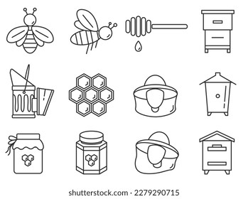Beekeeping and honey icons set. Set of apiary symbols
Vector illustration simple lines EPS 8, logo. For design and development