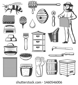 Beekeeping and honey production apiary isolated monochrome icons. Vector bee and beehive, dipper and beekeeper in protective cloth. Honeycomb and gloves, propolis and apiarist tools, barrel with honey