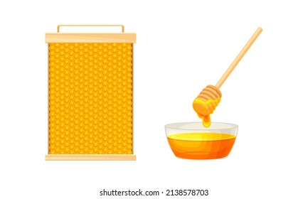 Beekeeping and honey production set. Apiculture product and equipment vector illustration