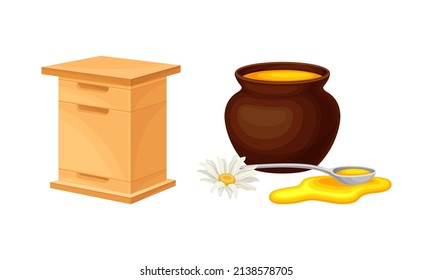 Conjunto de producción de miel y apicultura. Colmena de madera y cacerola de la ilustración del vector de miel