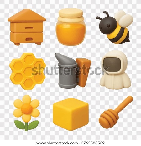 Beekeeping and Honey Production Vector Icon Set | 3D icon set | beehive box, jar of golden honey, honeybee, honeycomb, bee smoker, beekeeper suit,  yellow flower, cube of beeswax, honey dipper