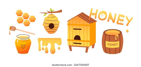 Apicultura e mel. Ilustração de vetor plano com mel, colmeias, favo de mel, pólen. Recolha biológica, natureza e agricultura.