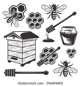 Beekeeping and honey set of vector black objects and design elements isolated on white background