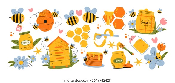 Beekeeping and honey stickers in retro cartoon style. Apiary objects: bees, beehives, honey jars, honeycombs, dipper, flowers, pancakes. Organic product scene. Illustration in funky, doodle style